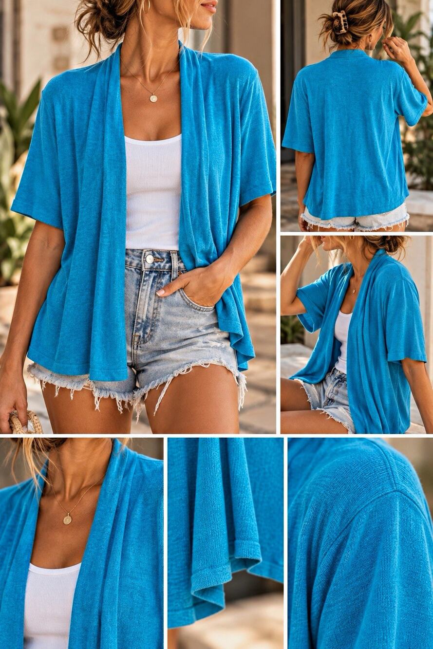 100% Linen Eileen Fisher Blue Knit Open Front Cardigan Sweater Short Sleeve XL